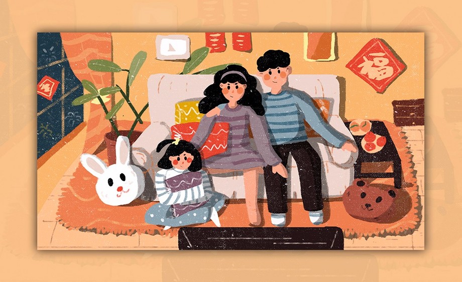 ps-板绘-年味系列插画-全家看春晚教程_绘画插画