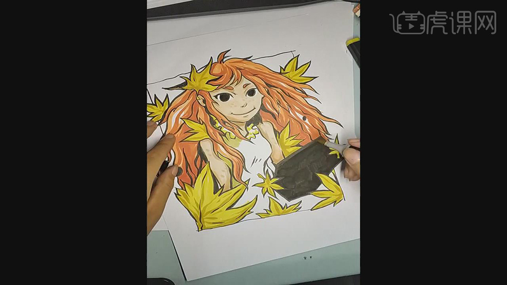用马克笔绘制秋天的小女孩插画