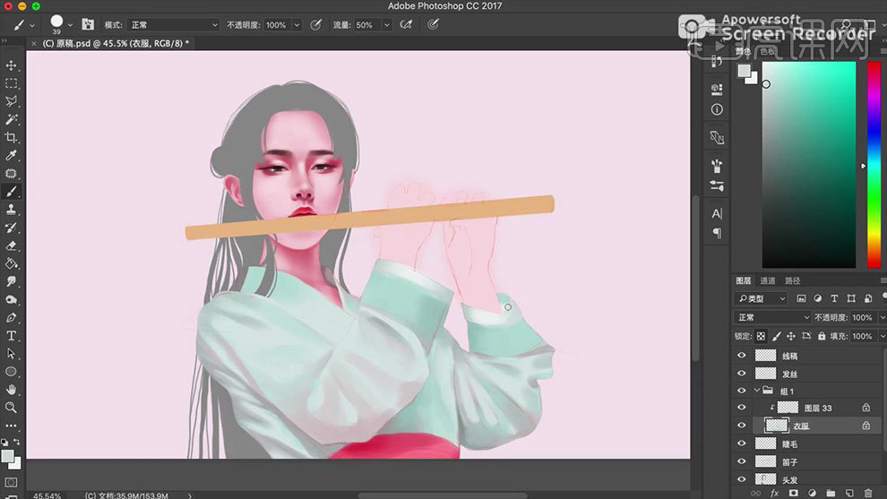 用ps板绘吹笛子的古风少女插画