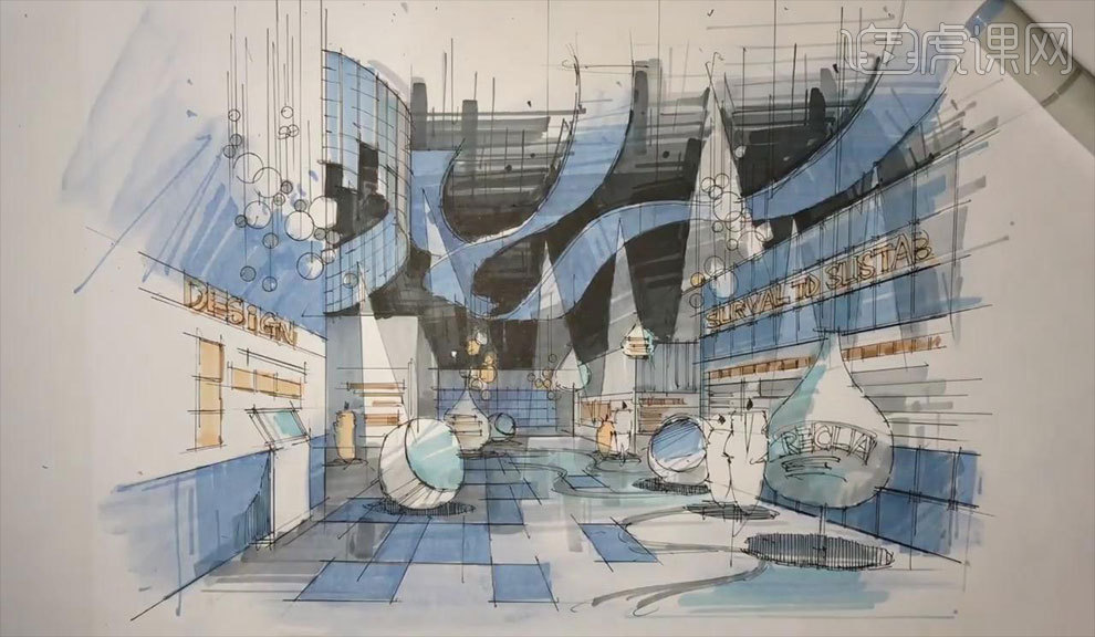 马克笔中展示空间上色示范02- 虎课网