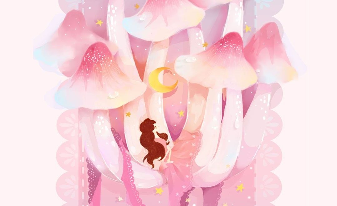 PS-板绘插画-粉色蘑菇群