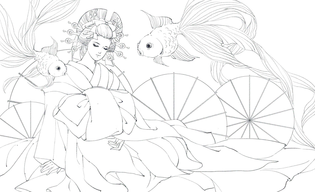 ps-板绘日系插画花魁(线稿)