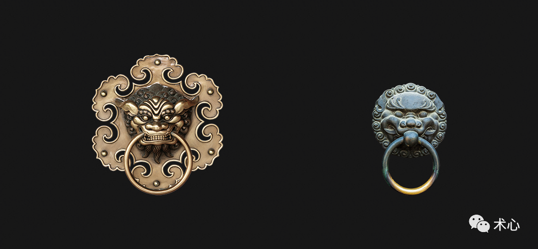 以丹漆金钉铜环;公王府大门绿油铜环;百官第中公侯门用金漆兽面锡环