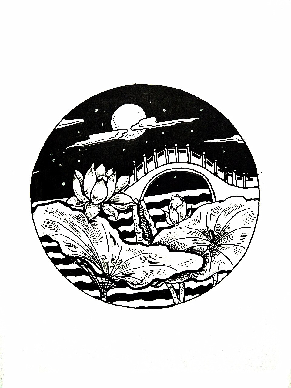 针管笔手绘-荷塘月色-黑白插图来源于此课程讲师:果子李2018-10-15 10