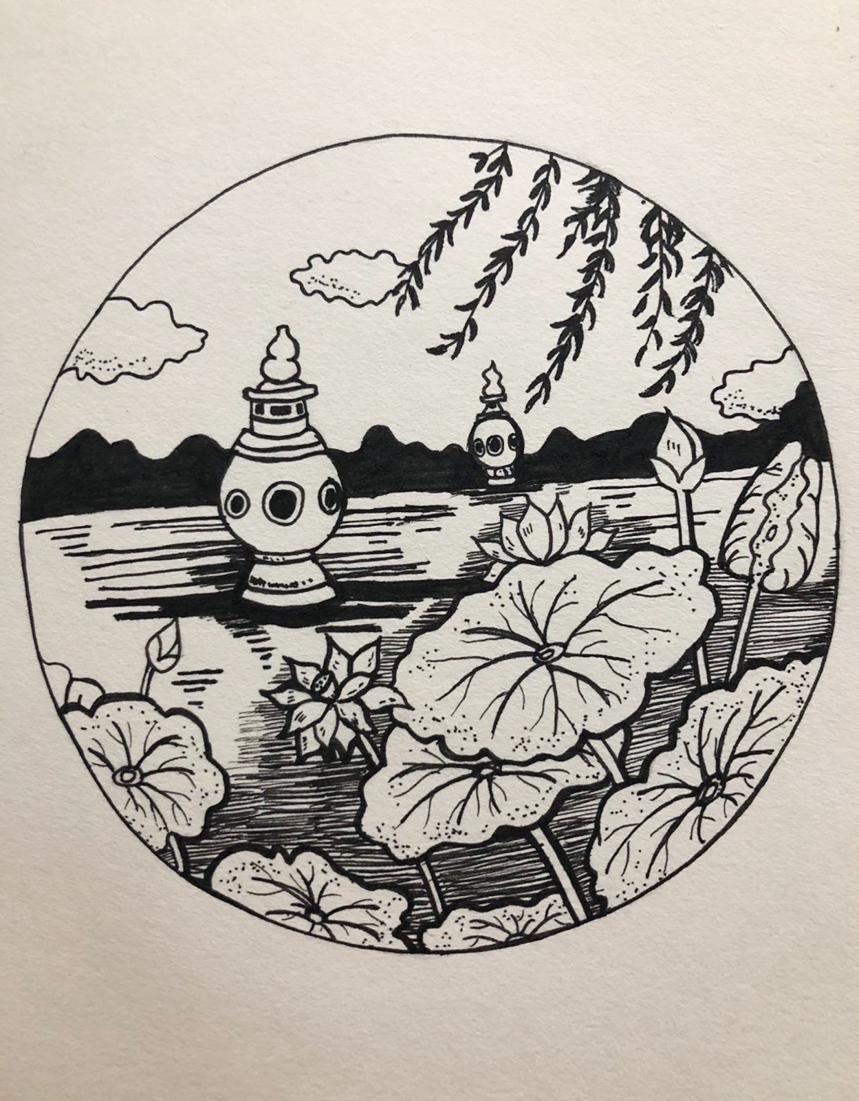 六月的西湖绘画图片