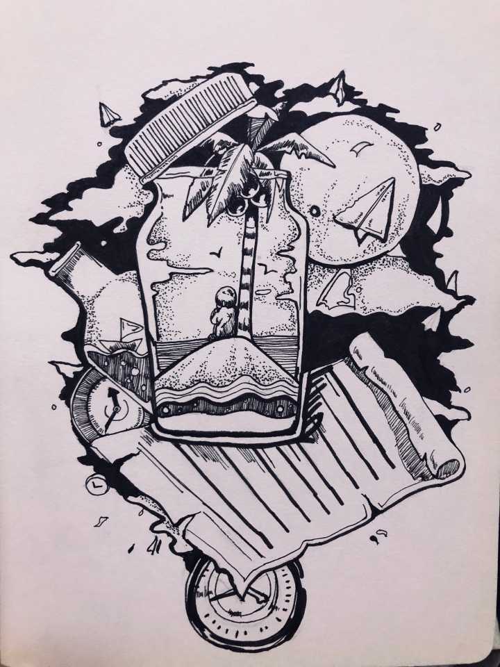 针管笔-梦想漂流瓶-黑白插图来源于此课程讲师:果子李2019-02-03 12