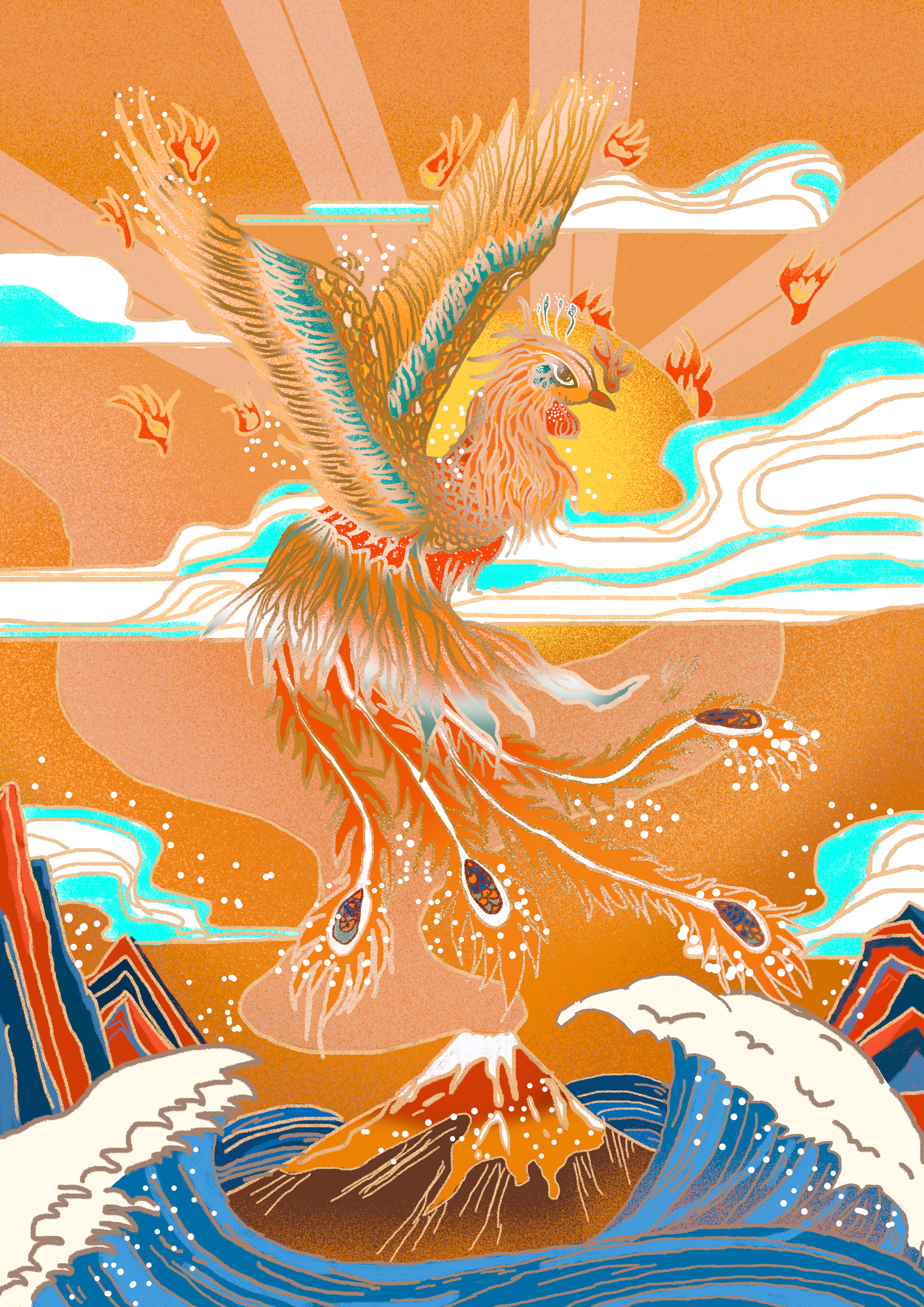 ps-板绘-囯潮风凤凰神话传说肌理插画