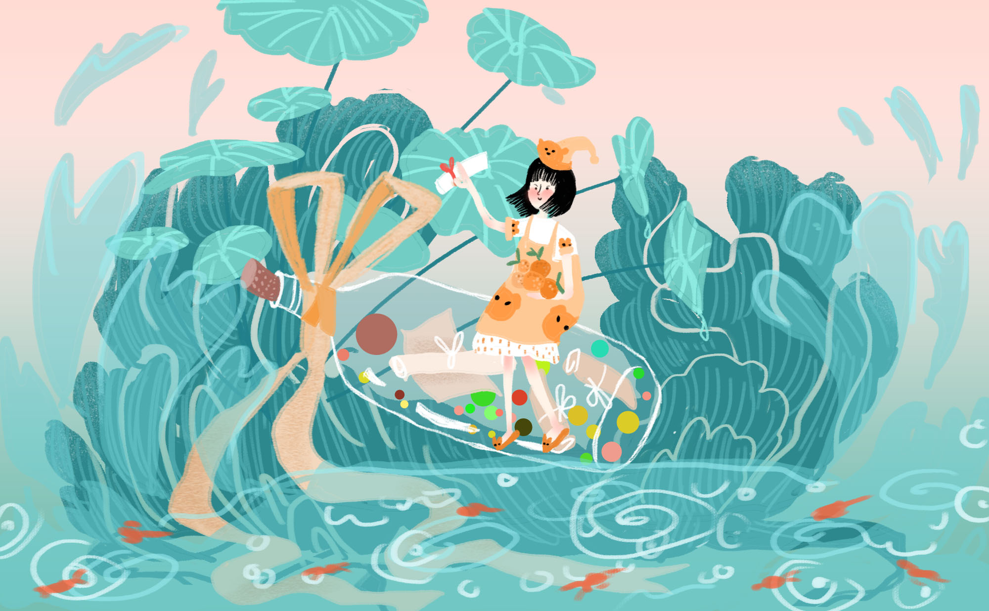 ps-板绘插画-小清新女孩与漂流瓶
