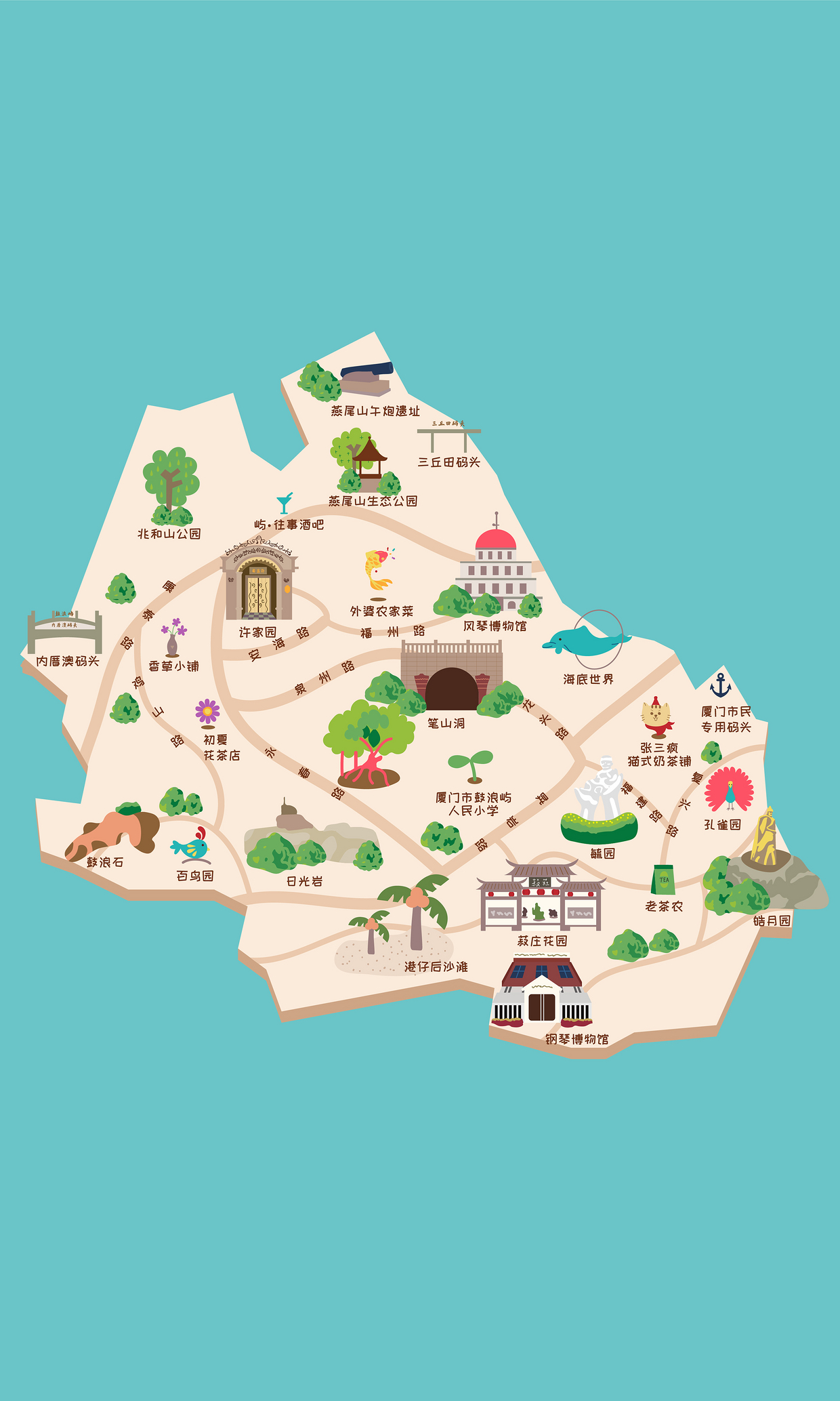 矢量扁平风鼓浪屿旅游地图