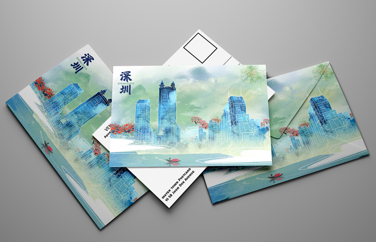 春日城市明信片之深圳水墨风格春意盎然,原创作品,,米唐姐姐 - 虎课网