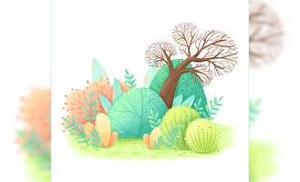 森林木屋植物小景插画