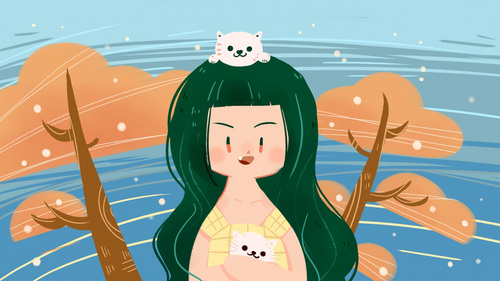 SAI-平涂风格人物插画-少女抱猫半身头像
