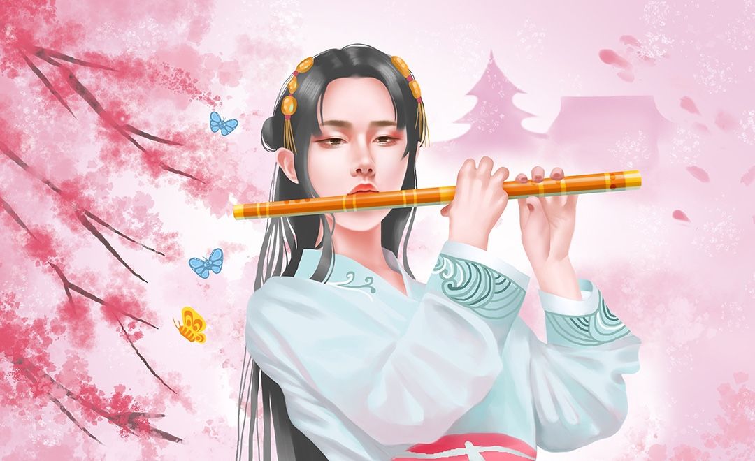 ps-板绘插画-吹笛子的古风少女