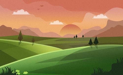 ps-鼠绘-扁平渐变农田风景插画