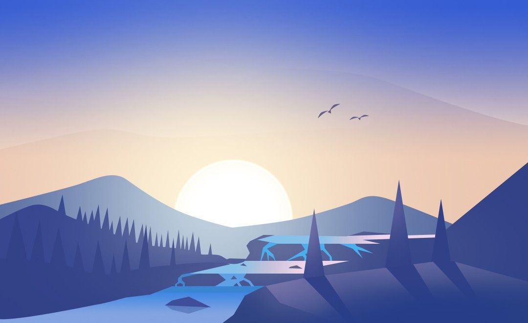 ps-鼠绘-扁平渐变山中湖泊风景