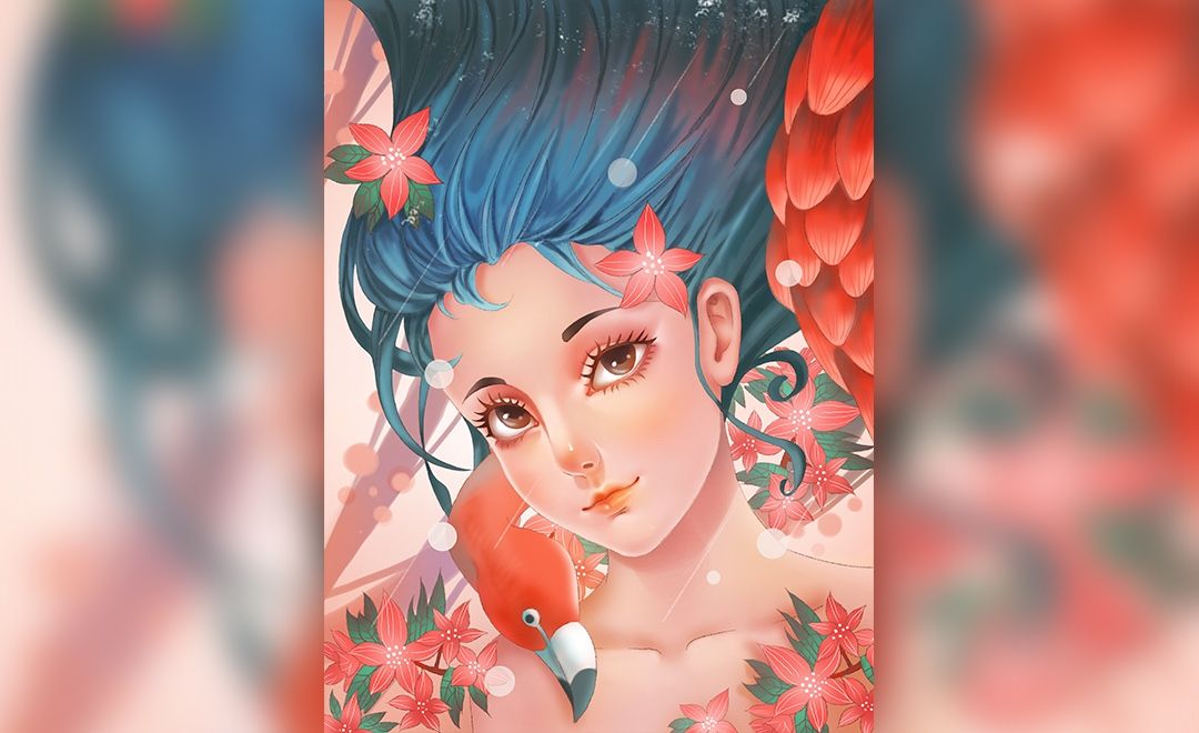 ps-板绘插画-火烈鸟女孩