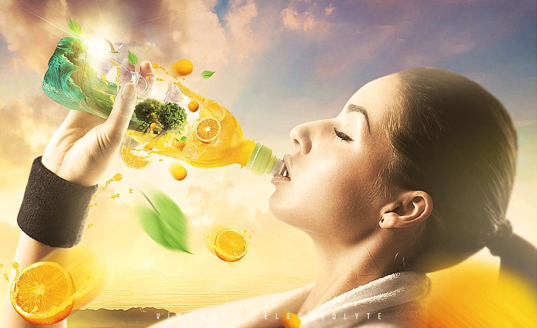 PS-健康运动橙汁饮料场景合成海报