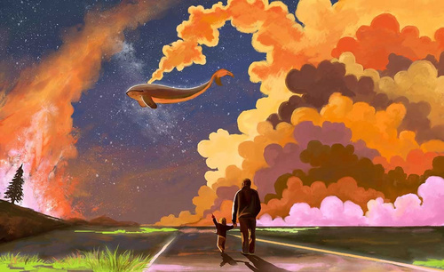 PS-板绘插画-天空与鱼-唯美风格板绘场景插画