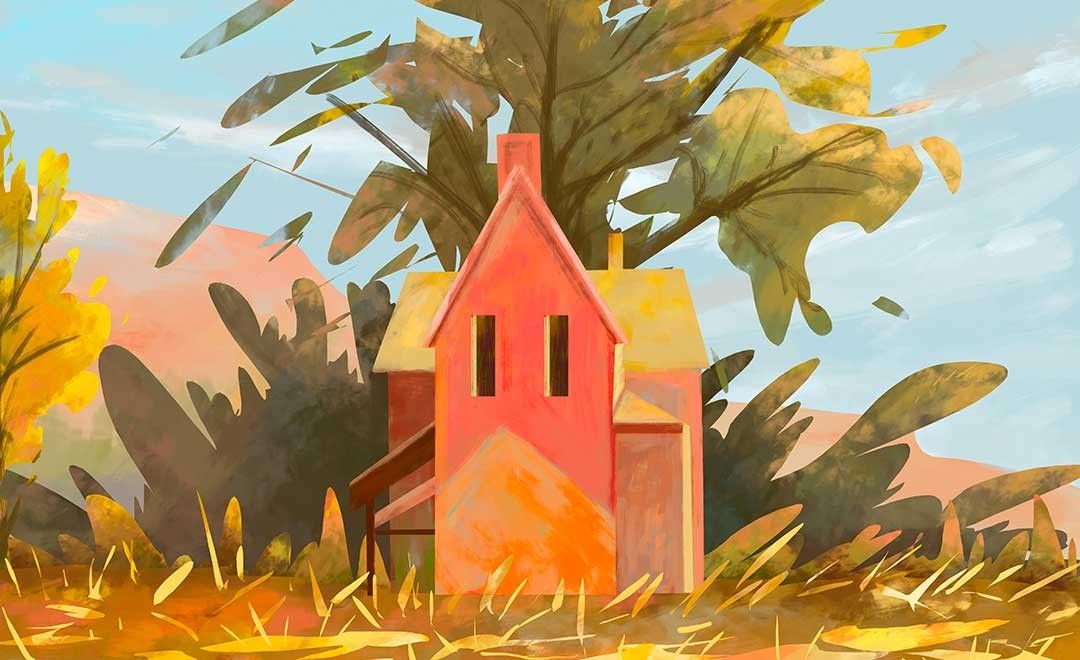 PS-板绘插画-红房子-唯美风格板绘场景插画