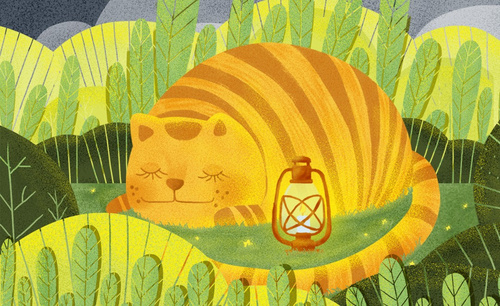 PS-板绘手绘-治愈系草丛里的猫咪晚安插画