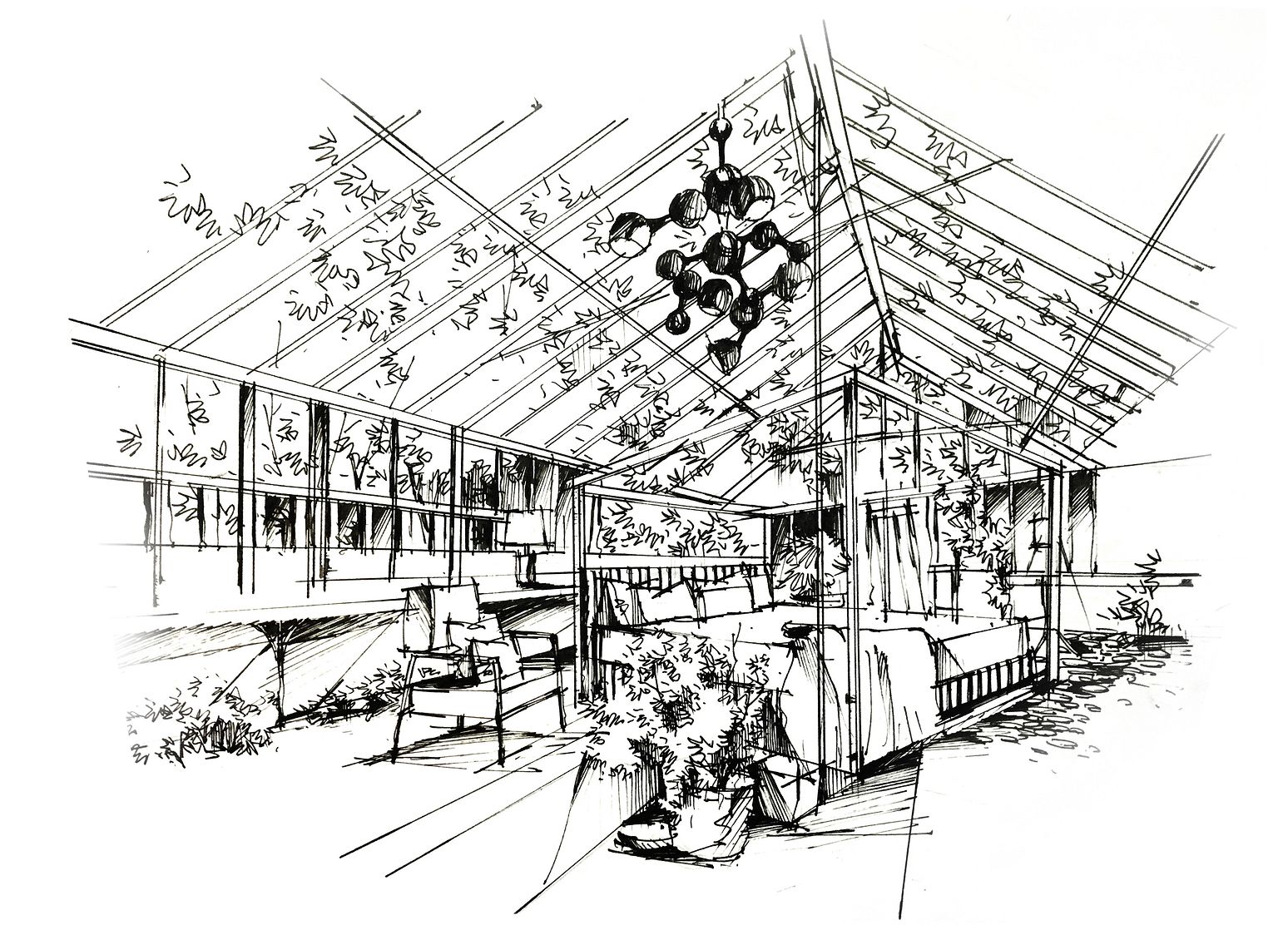 马克笔室内手绘-玻璃屋空间手绘线稿