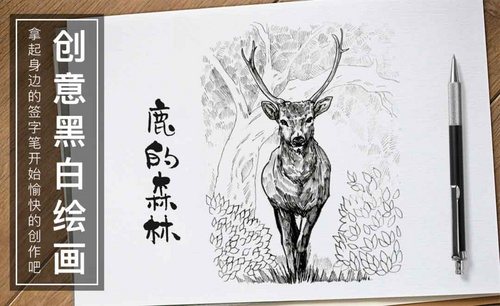 针管笔-鹿的森林-黑白插图