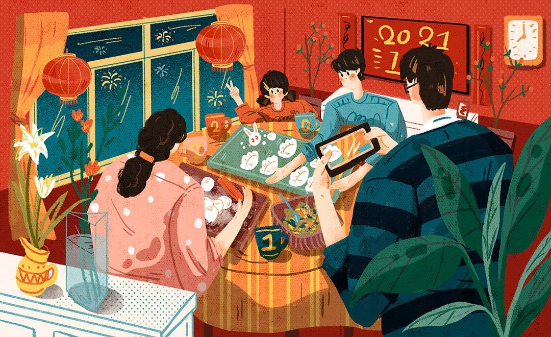 ps-板绘-2021春节包饺子肌理插画