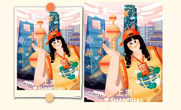PS-板绘-夏日上海旅游肌理插画