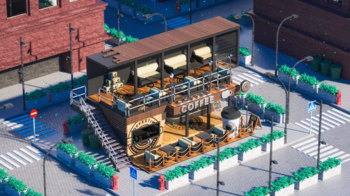C4D+OC-城市咖啡馆建模渲染
