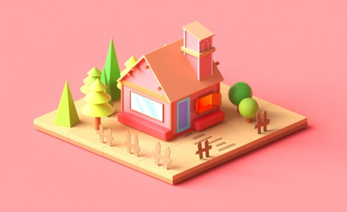 C4D+OC-装饰元素建模-小房子创意动画