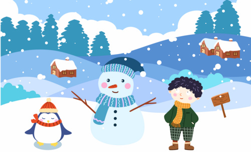 PS-鼠绘扁平风插画-冬天男孩和雪人