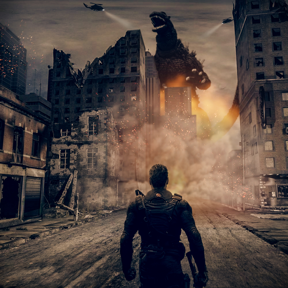 首页 图像合成作品评改 > 哥斯拉合成  我想知道还需要怎么才能让这张