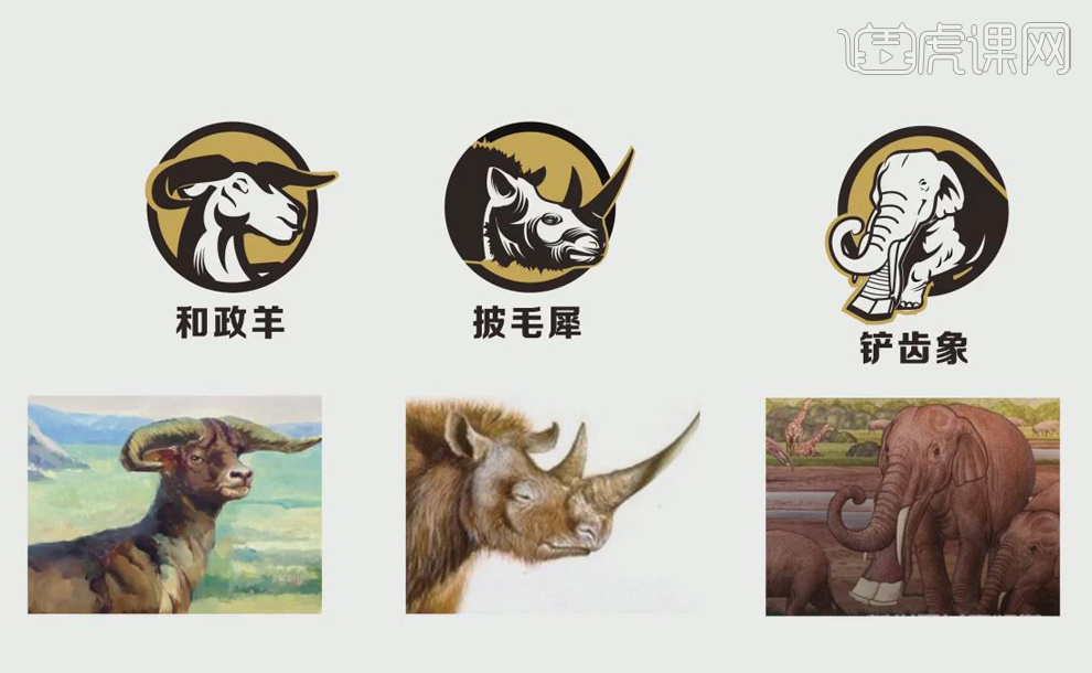 以【铲齿象】为例进行归纳设计:首先,通过【线条】对当前形象的【外