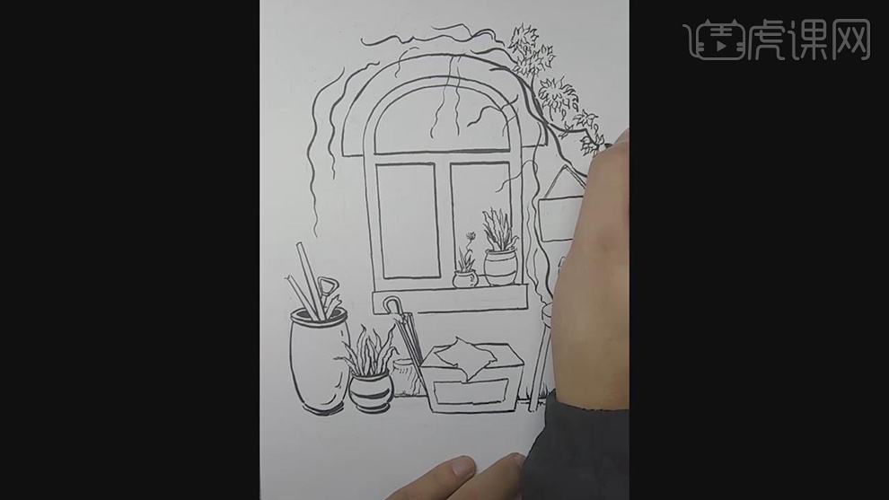 用针管笔设计老街转角的黑白插图