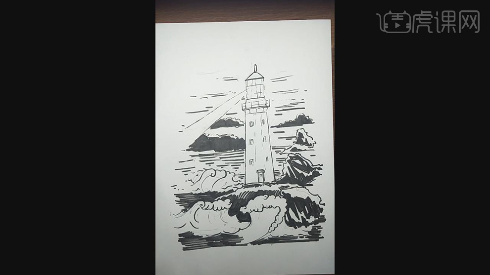 针管笔手绘孤岛黑白插图