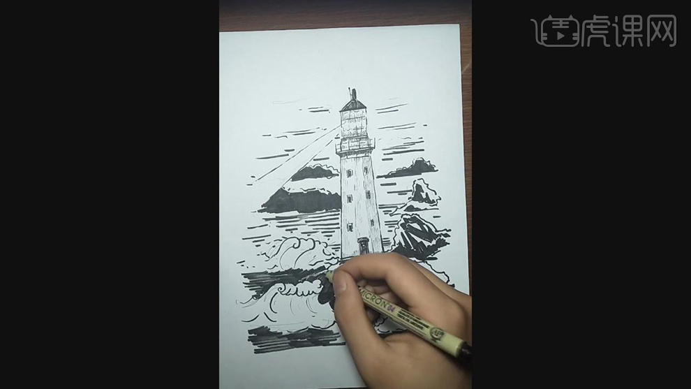 针管笔手绘孤岛黑白插图