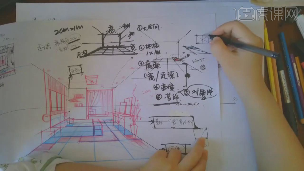 马克笔如何绘制卧室空间上色篇- 虎课网