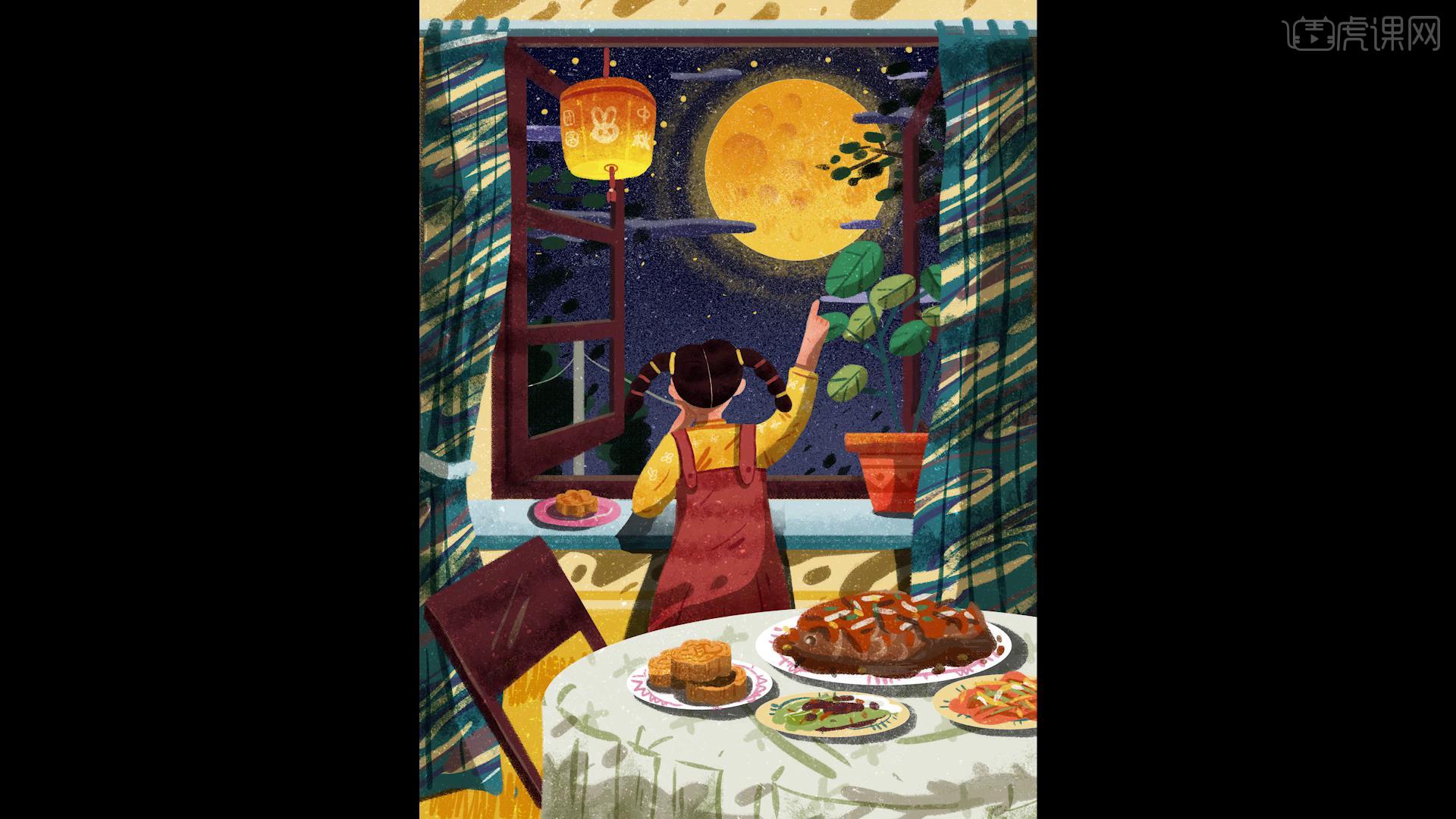 ps板绘中秋团圆夜肌理插画图文教程