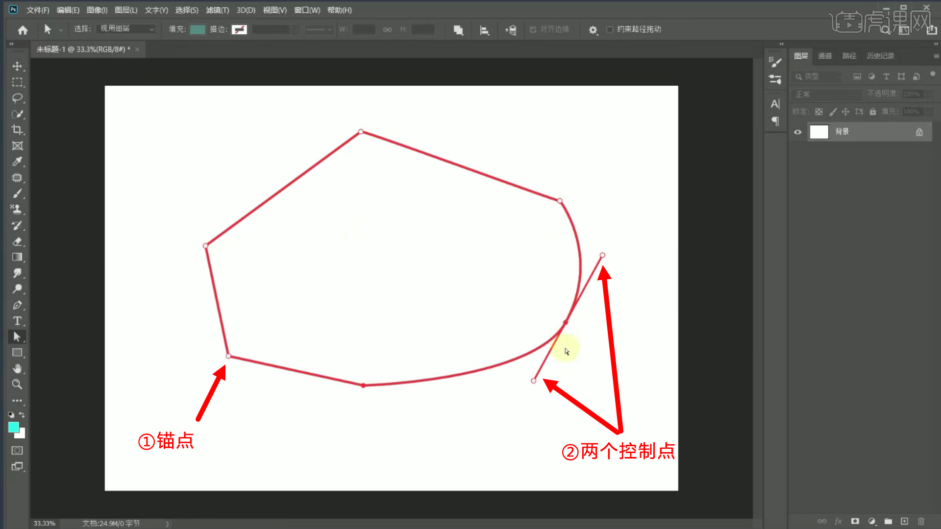 按住【alt】键,出现尖角点击【锚点】进行拖拽,拉出控制点.