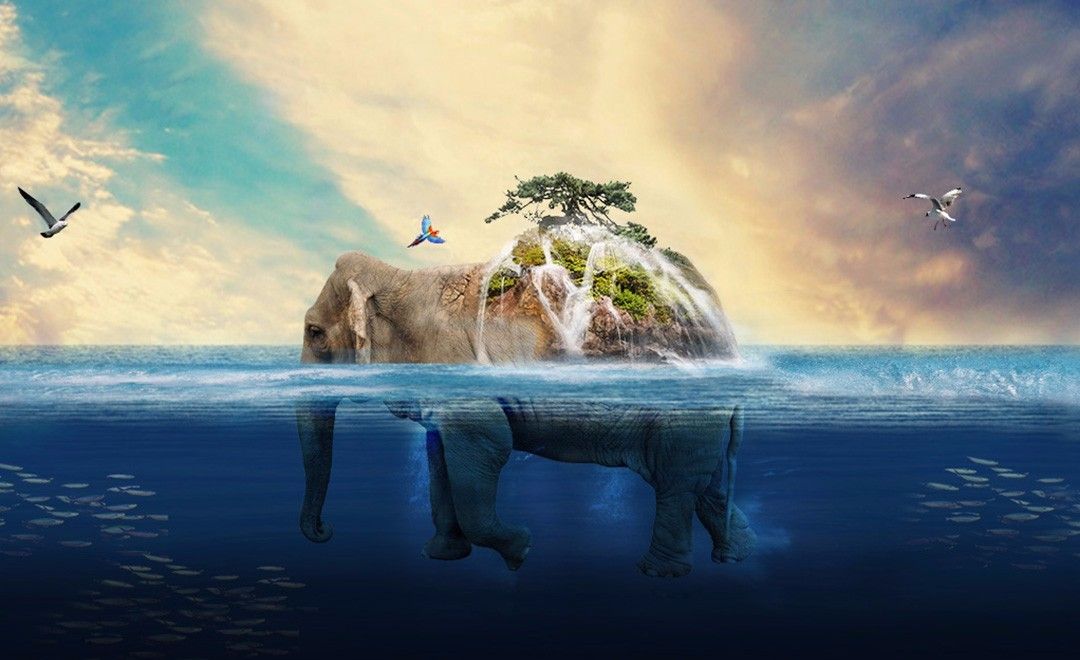 PS-大象岛屿创意合成海报