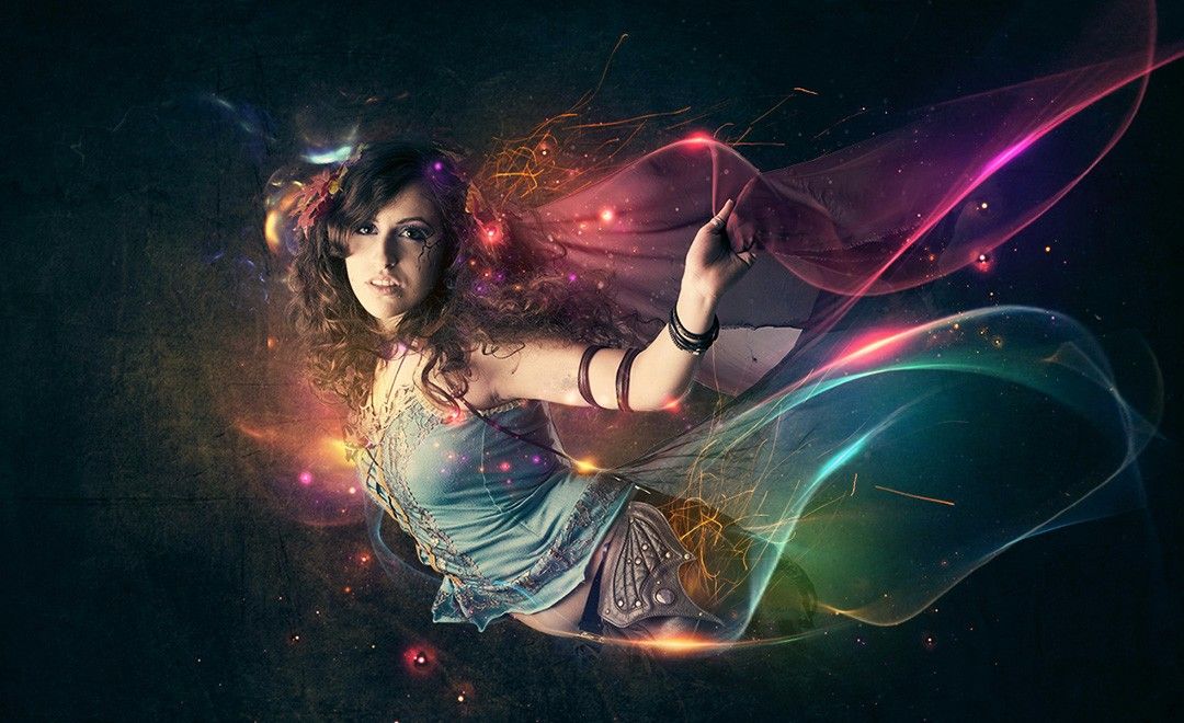 ps-炫酷光线飞天美女合成