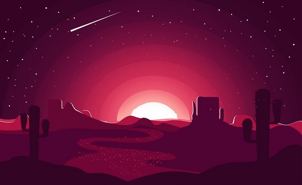 AI-鼠绘-插画红色调荒漠夜景