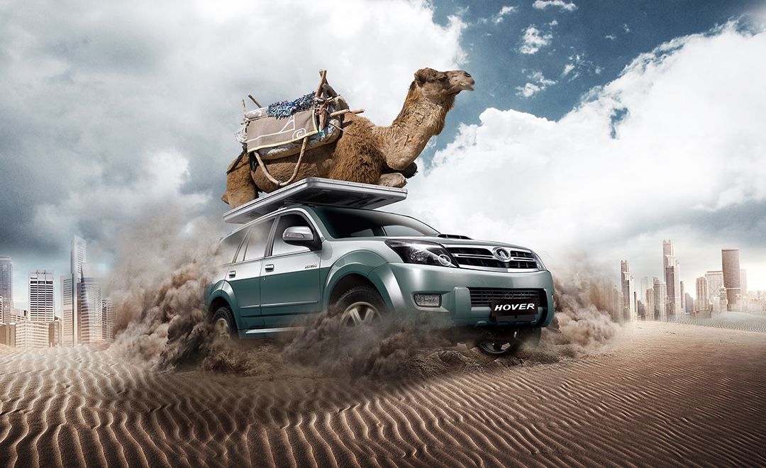 PS-城市骆驼-汽车沙漠场景海报