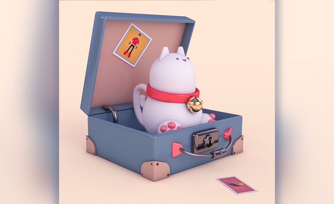 C4D-旅行箱招财猫卡通形象制作