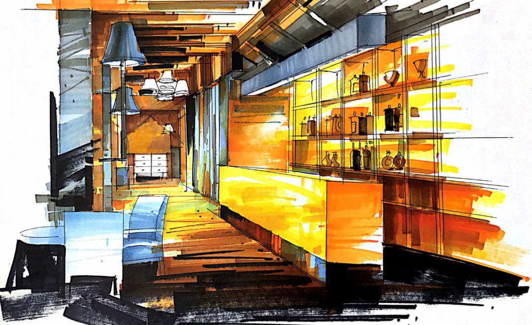 马克笔-酒店吧台-线稿篇