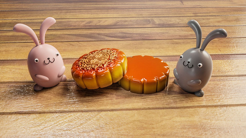 C4D-中秋节快乐：月饼与小兔子