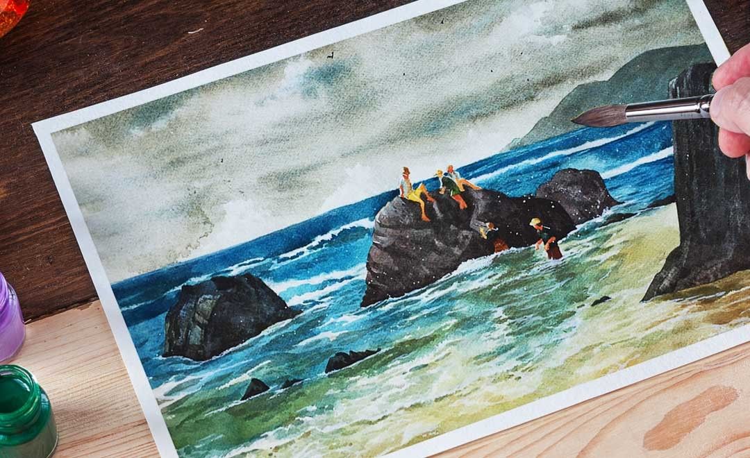 水彩 海涛 风景实例教程 上 绘画插画教程 水彩 虎课网