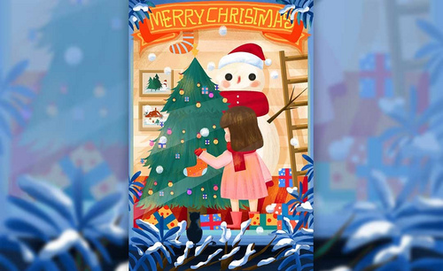 PS-板绘插画-窗户里的圣诞树