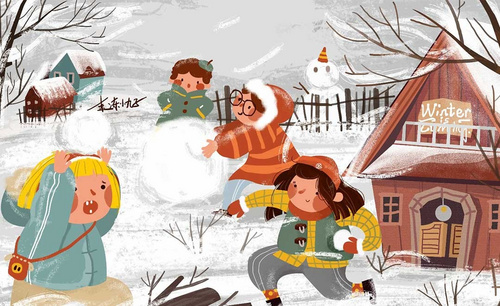 PS-板绘-冬季雪地玩耍儿童插画