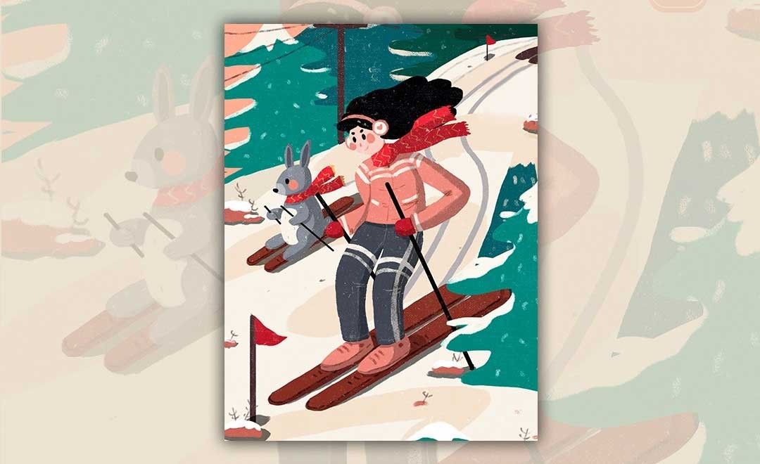 PS-板绘-冬日滑雪插画